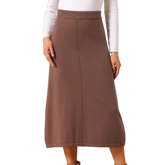 Sweater Elastic High Waist Stretchy Ribbed Knit Midi Skirt Coffee - Picture 1 of 8
